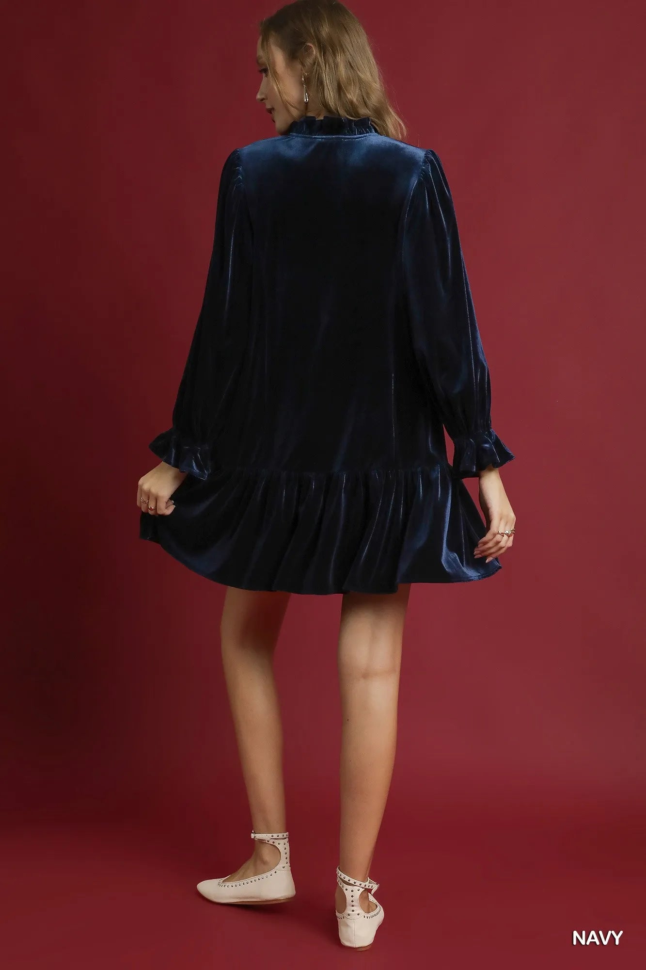 Velvet Ruffle Trim Mini Dress