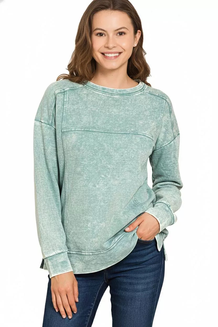 Acid Wash French Terry Exposed-Seam Pullover
