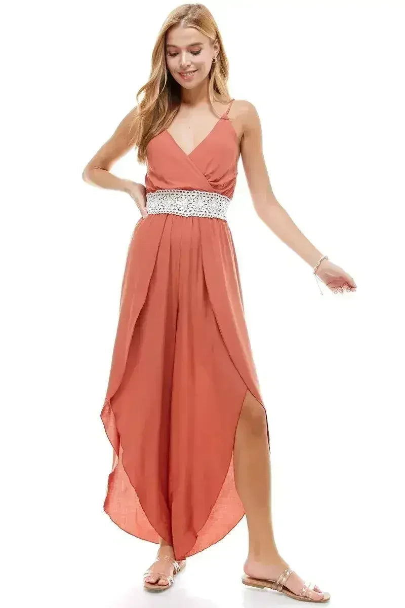 FLORAL & SOLID CROCHET TULIP LEG CAMI JUMPSUIT