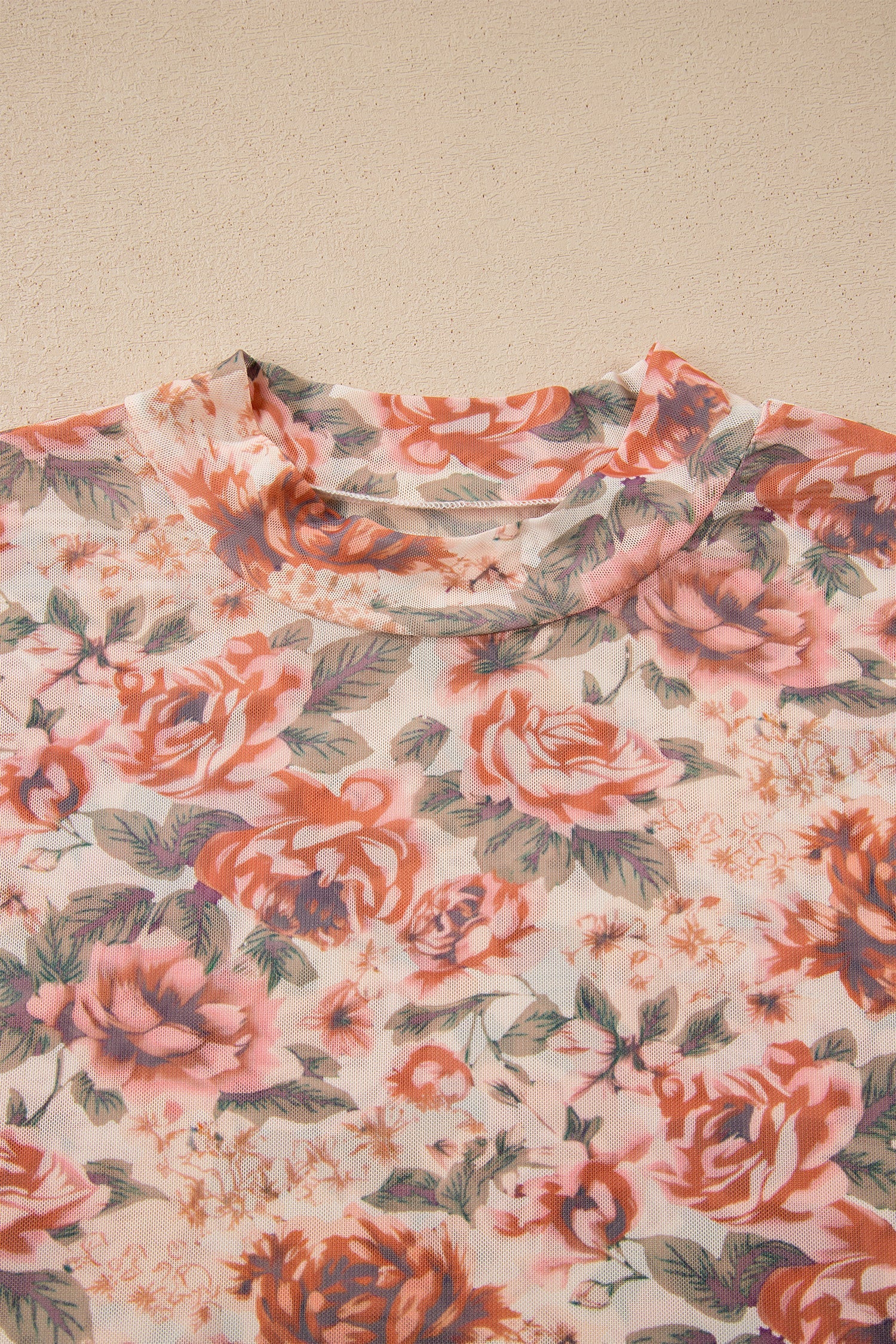 Pink Plus Size Floral Mock Neck Long Sleeve Slim Top