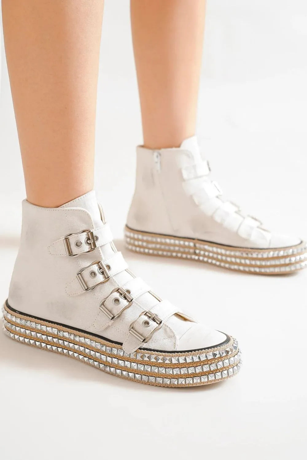 Fashion Multi-Buckle Straps Studded Platform Sneakers
