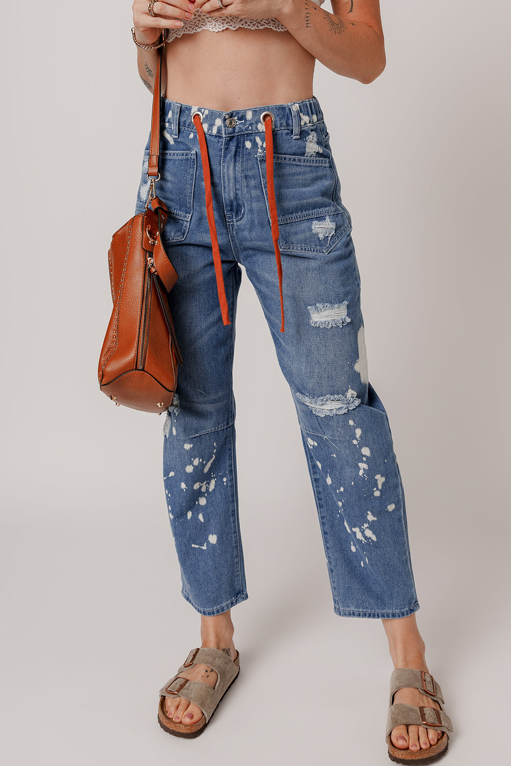 Ripped Splattering Paint Rope Waist Cropped Straight Jeans