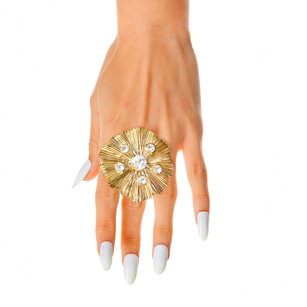 Statement Gold Pleated Wavy Stone Ring Stylish Fashion Jewelry Accessory