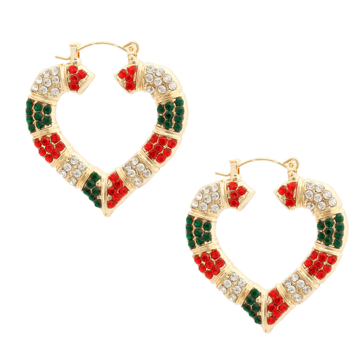 Bamboo Hoop Earrings with Red and Green Bling Heart – Stylish Statement Jewelry