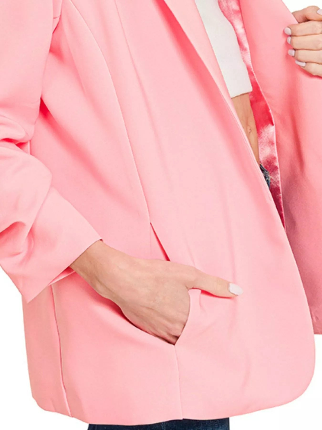 Woven 3/4 Ruched Sleeve Open Front Classic Blazer