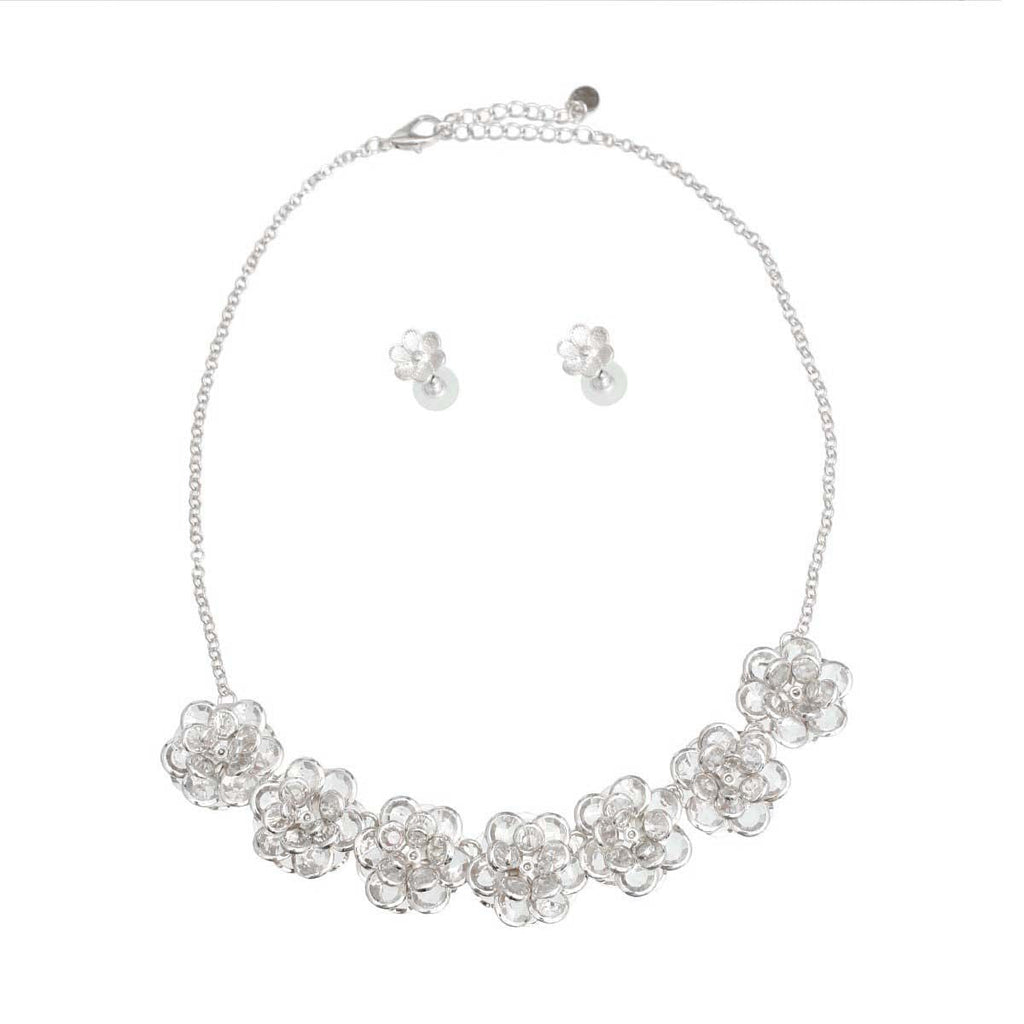 Statement Silver 3D Flower Collar Necklace Set Stylish Chic Jewelry Accessory