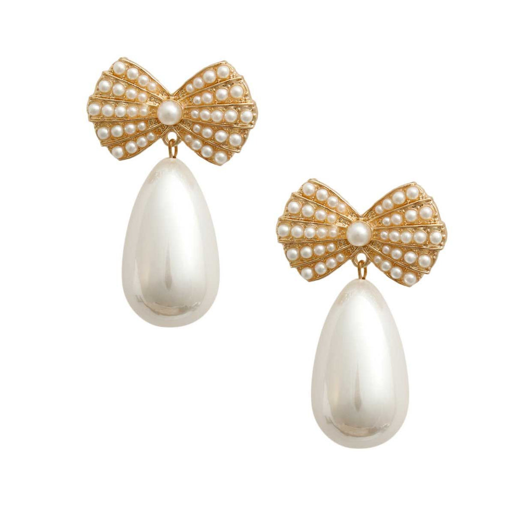 Teardrop Pearl Earrings with Gold Bow Accent – Elegant Fashion Jewelry