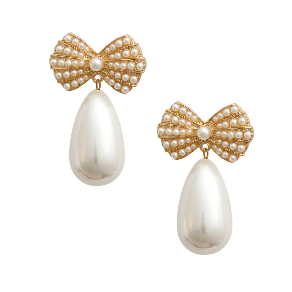 Teardrop Pearl Earrings with Gold Bow Accent – Elegant Fashion Jewelry