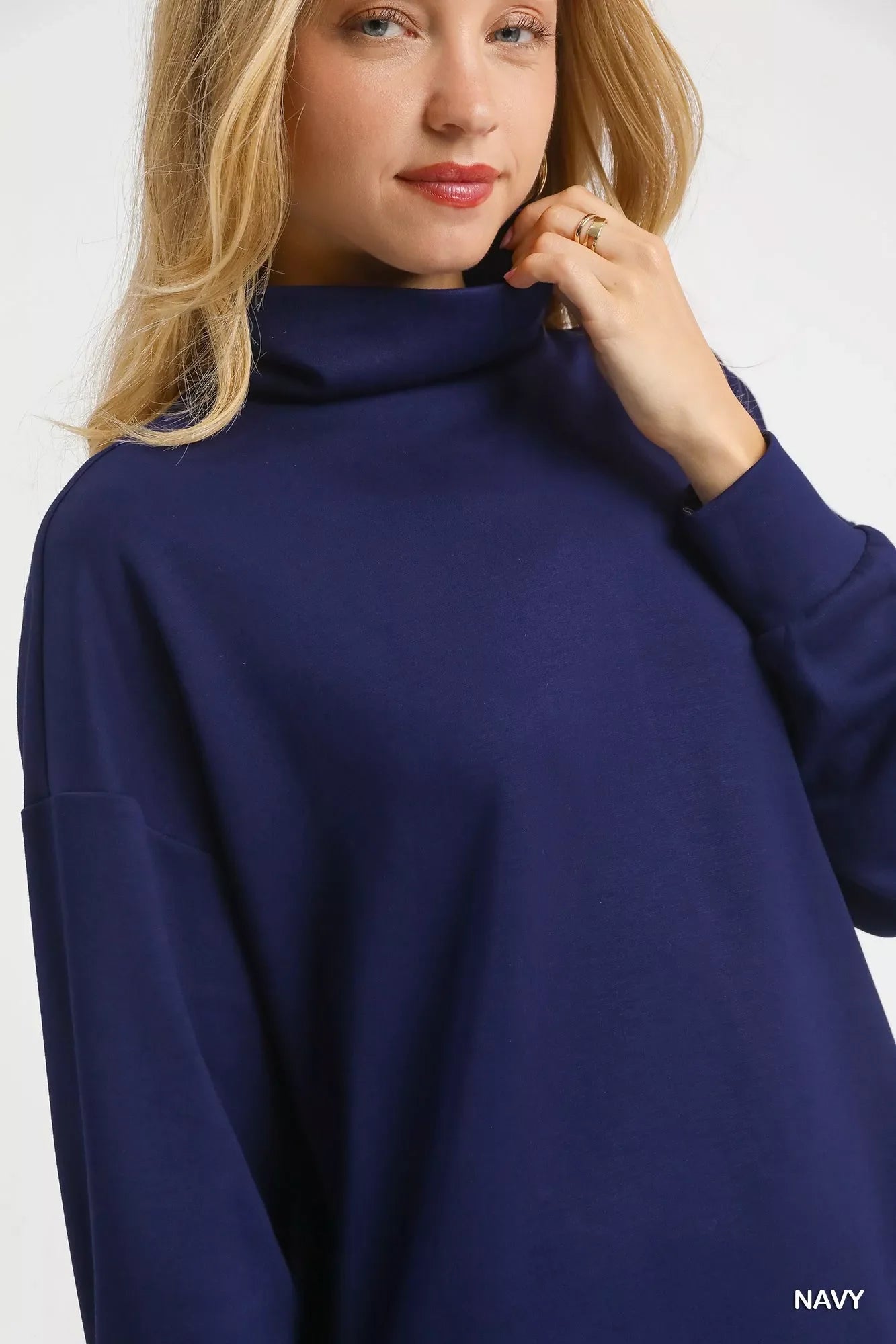 Turtle Neck Dolman Sleeve Side Slit Sweater with Contrast Detail