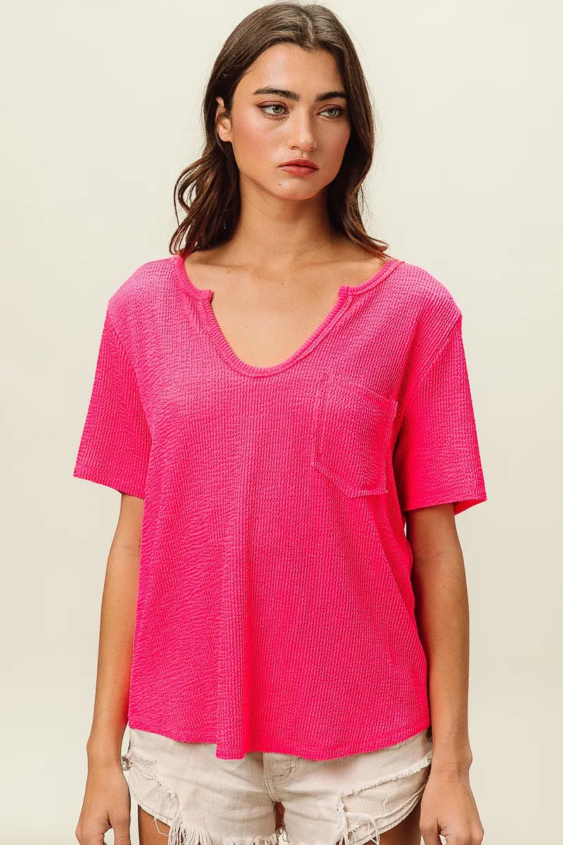 Waved Rib U Neck Top With Front Pocket