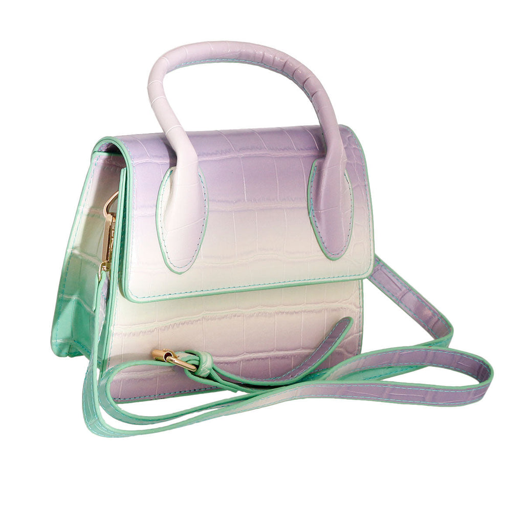 Fashion Handbag Croc Flap Satchel in Purple and Green – Trendy Chic Accessory
