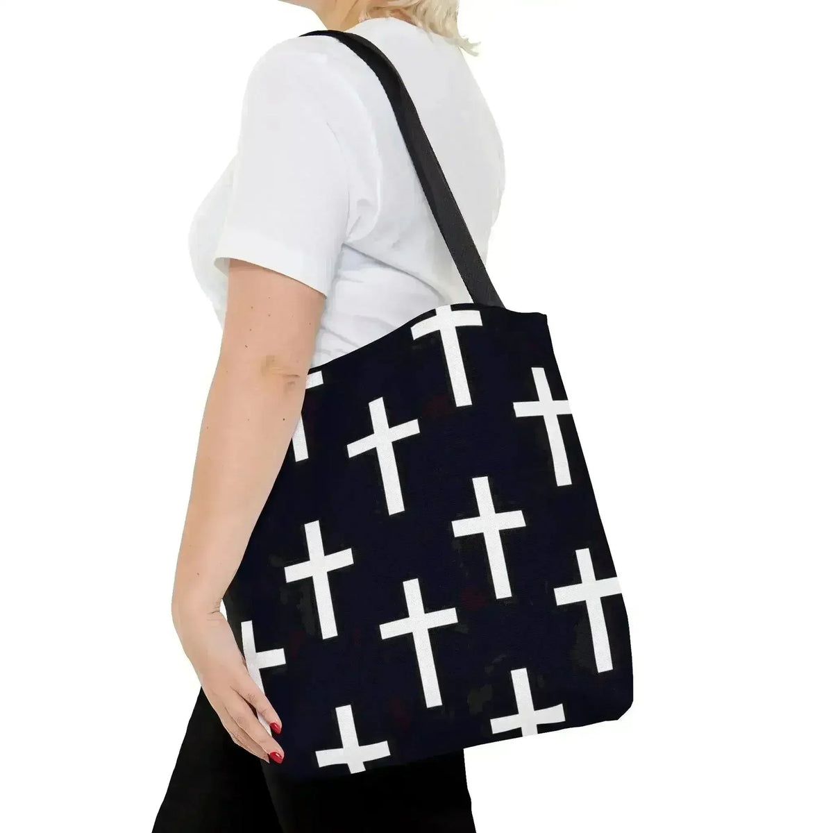Large Tote Bag Black and White Seamless Cross Pattern