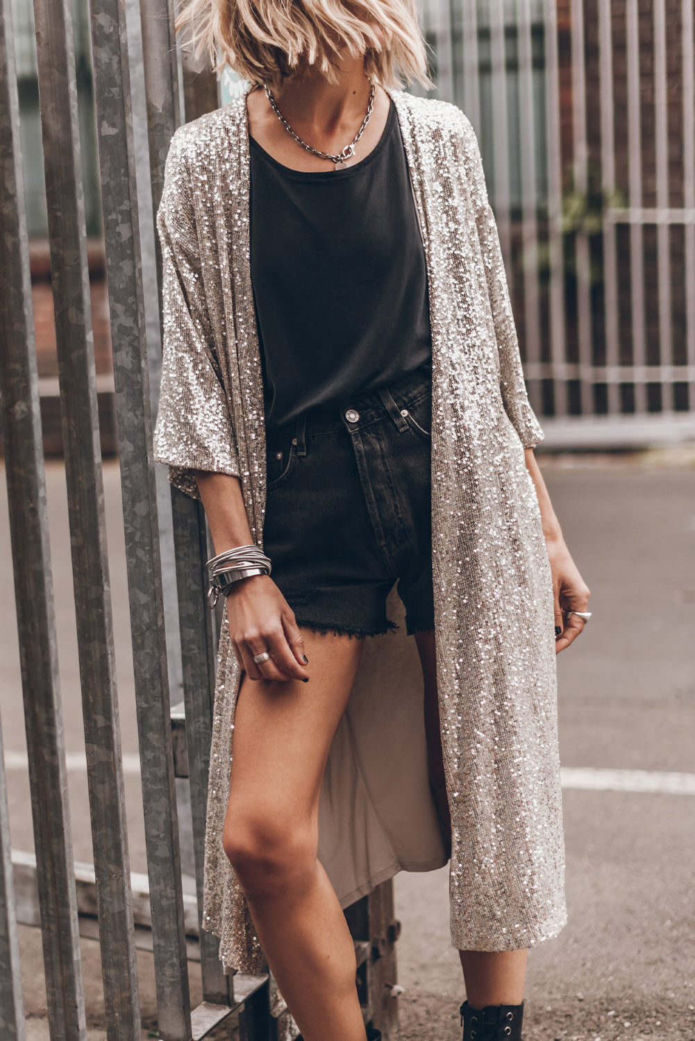 Apricot Sequin 3/4 Sleeve Open Front Duster Cardigan - Femstylo