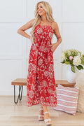 Red Floral Printed Spaghetti Strap Empire Waist Maxi Dress