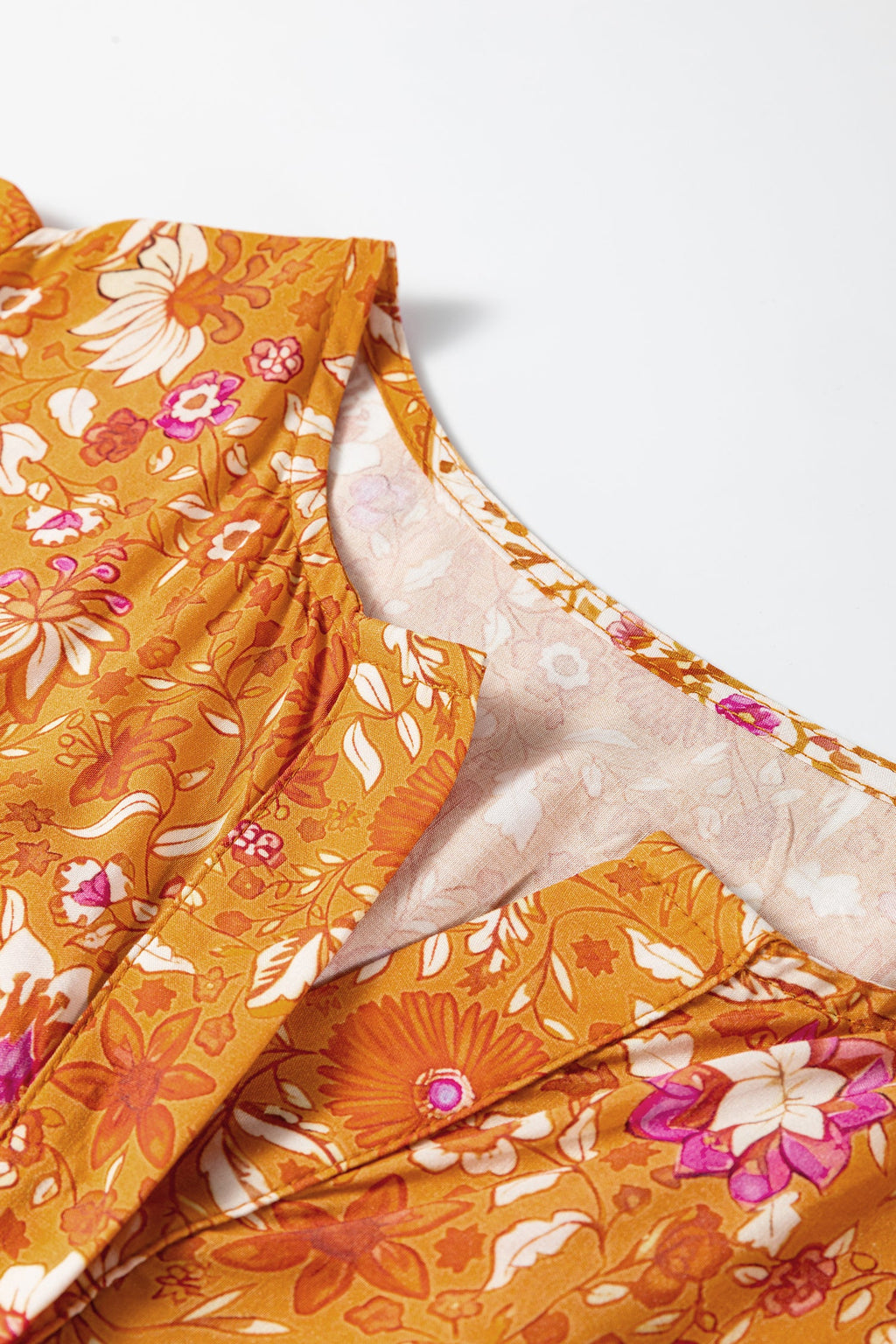 Orange Floral Print Smocked Waist Long Sleeve Boho Maxi Dress