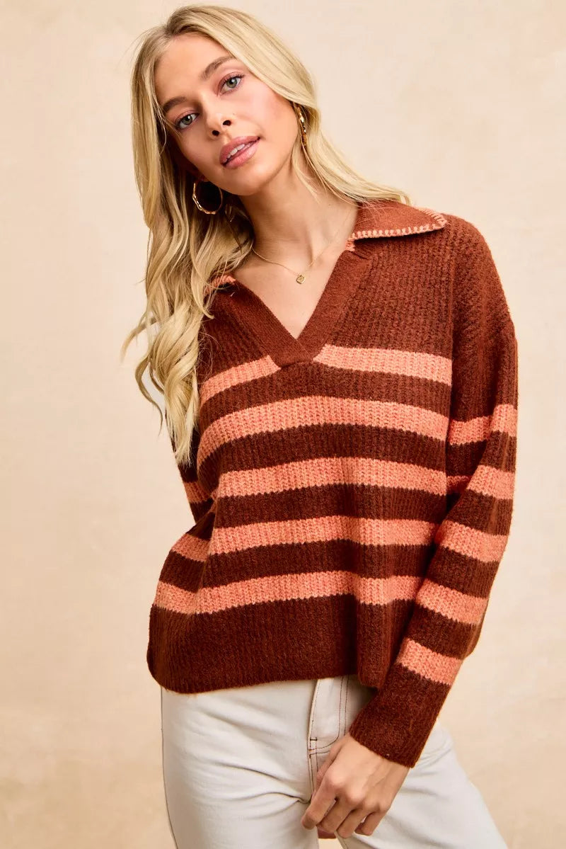 Striped Sweater Top with Collar Stitched Details