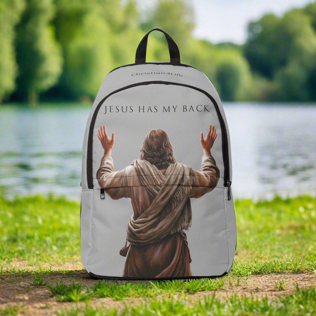 "Jesus Has My Back" Graphic design Christian Backpack (Choose Grey Shade)