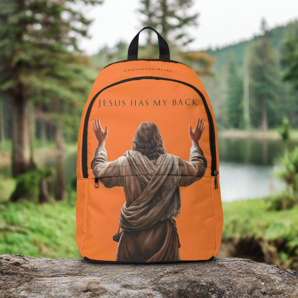 "Jesus Has My Back" Graphic design Christian Backpack (Choose Orange Shade)