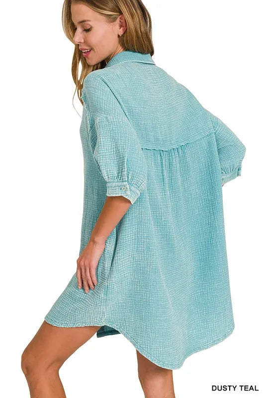 Washed Double Gauze Button Down Shirt Dress