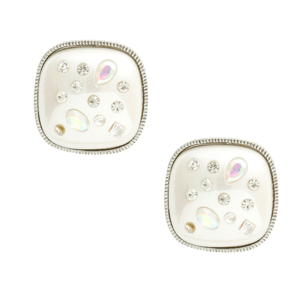 Square Silver White Pearl Stud Earrings Stylish Chic Jewelry