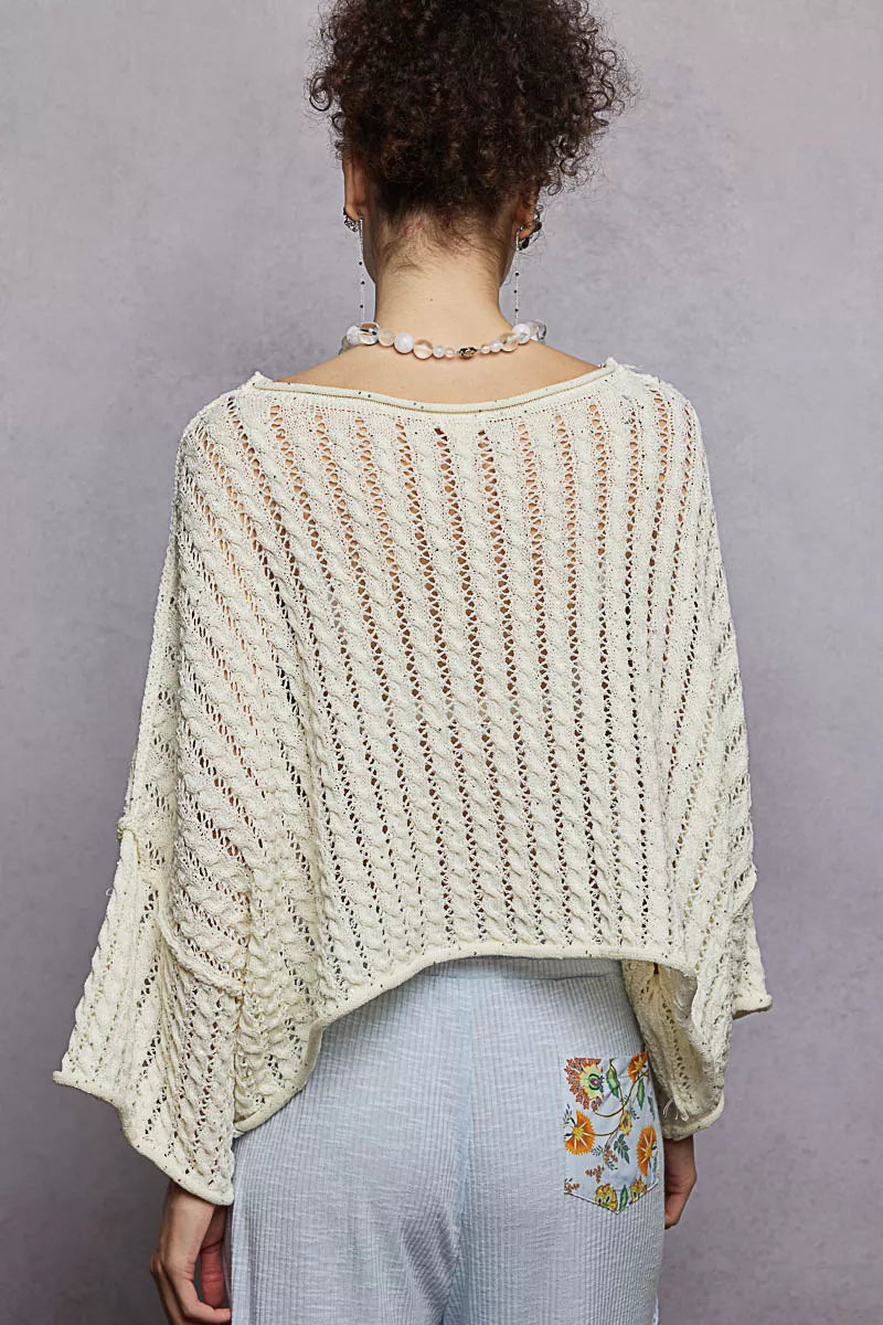 Cable-Knit Openwork Round Neck Cropped Sweater