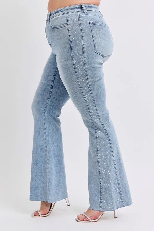 Full Size Mid Rise Rhinestone Side Panel Detail Flare Jeans Plus Size