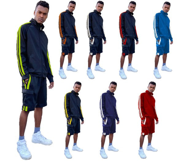 Striped Cargo Pocket Track Jacket Short Suit