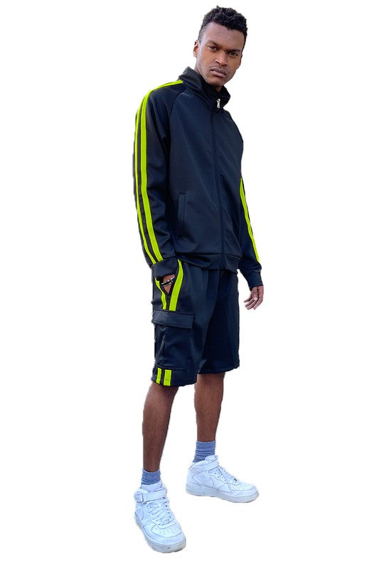 Striped Cargo Pocket Track Jacket Short Suit