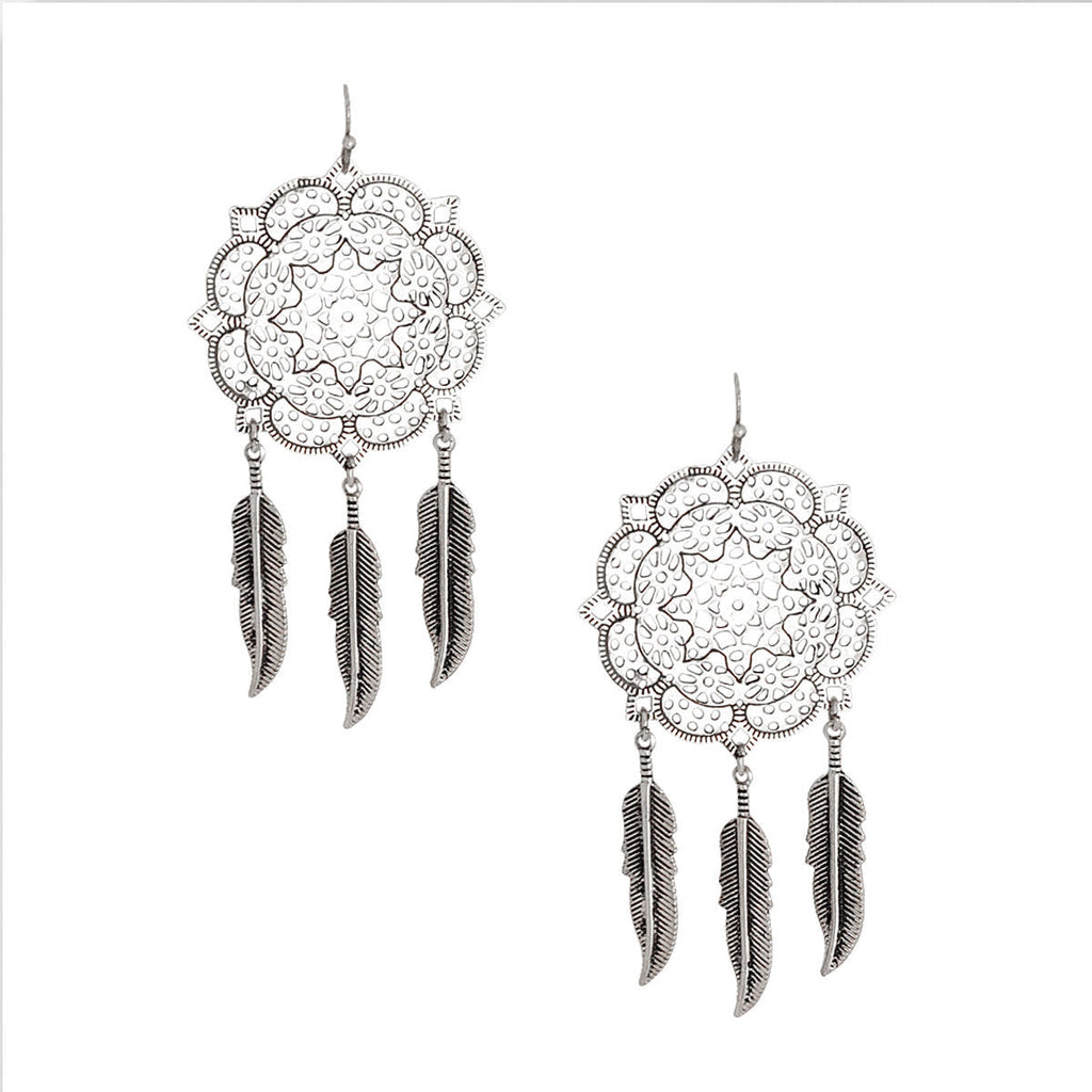 Filigree Feather Earrings Burnished Silver Stylish Statement Jewelry