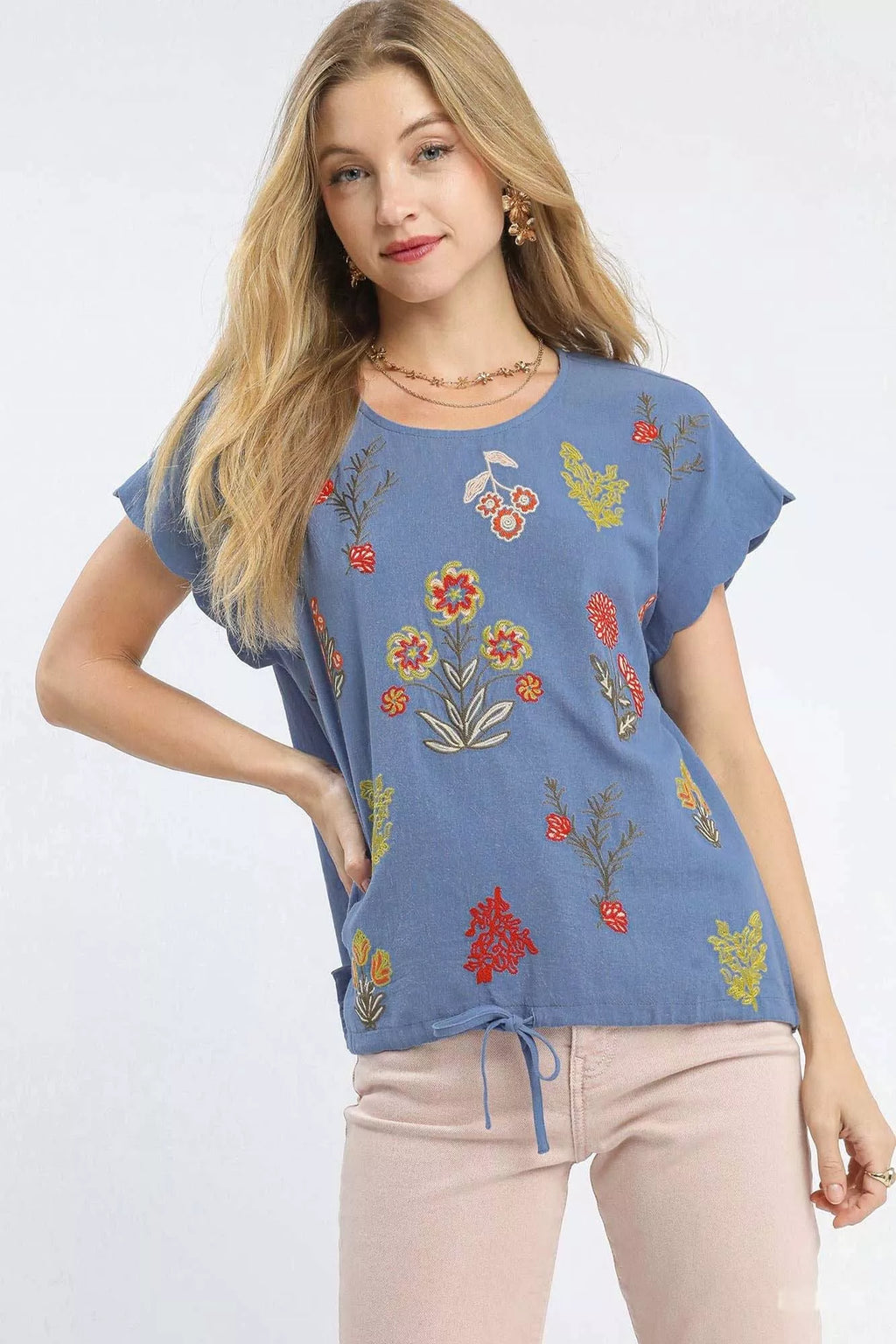 I am a Fashion Junky Embroidered Scallop Sleeve Top with Drawstring Hem