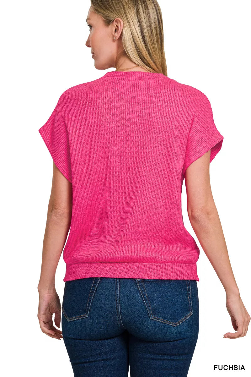Round Neck Banded Botton Short Sleeve Sweater