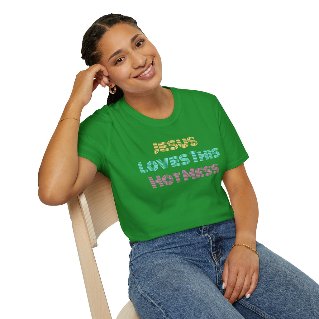Unisex "Jesus Loves this Hot Mess" Christian Cotton Softstyle T-Shirt