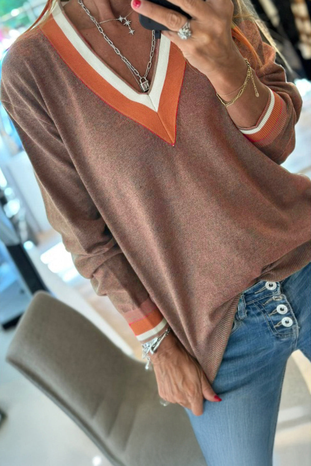 Dark Khaki Contrast Striped Trim V Neck Varsity Sweater