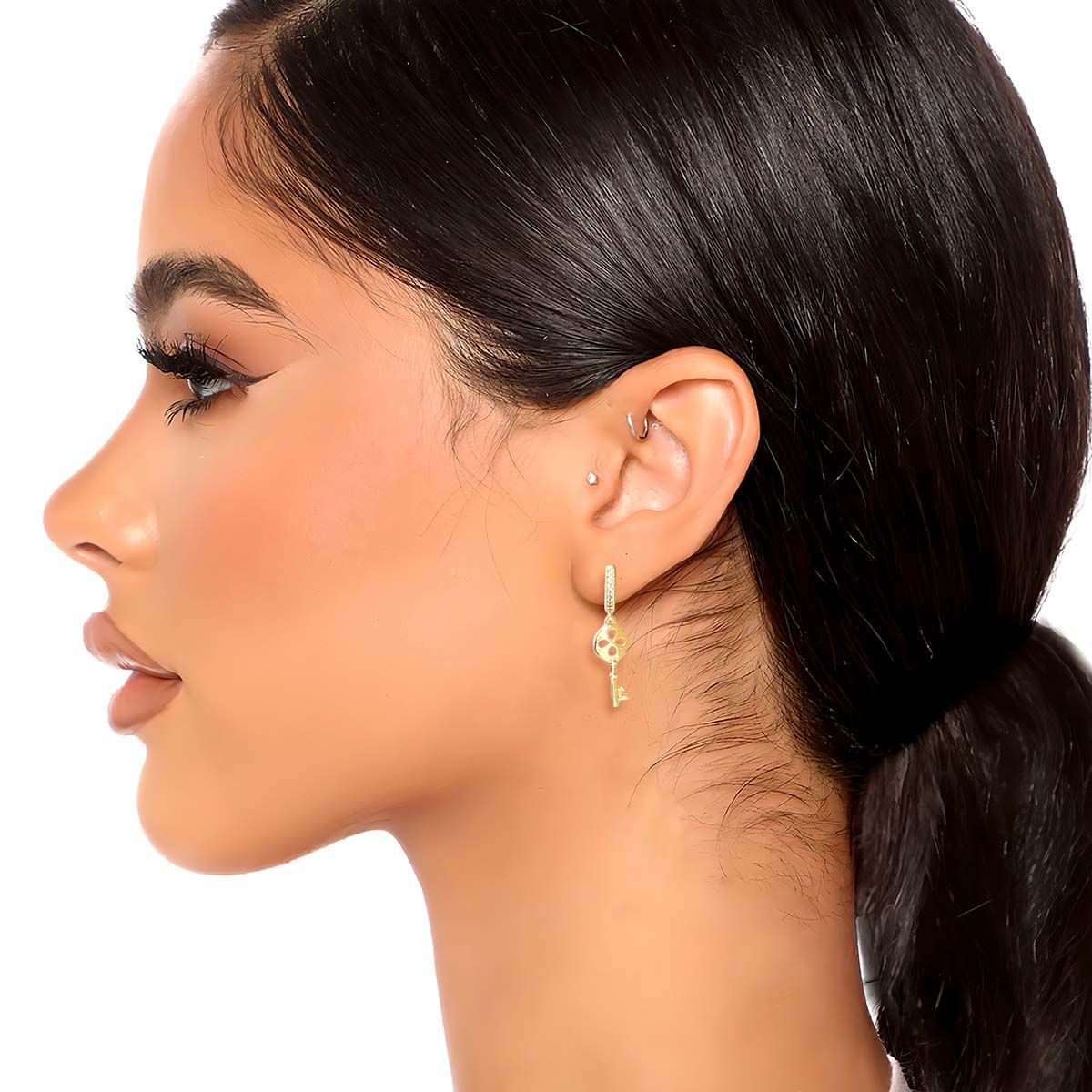 Huggie Hoop Earrings Set with CZ Pave Key Ear Cuff – Trendy Stylish Jewelry