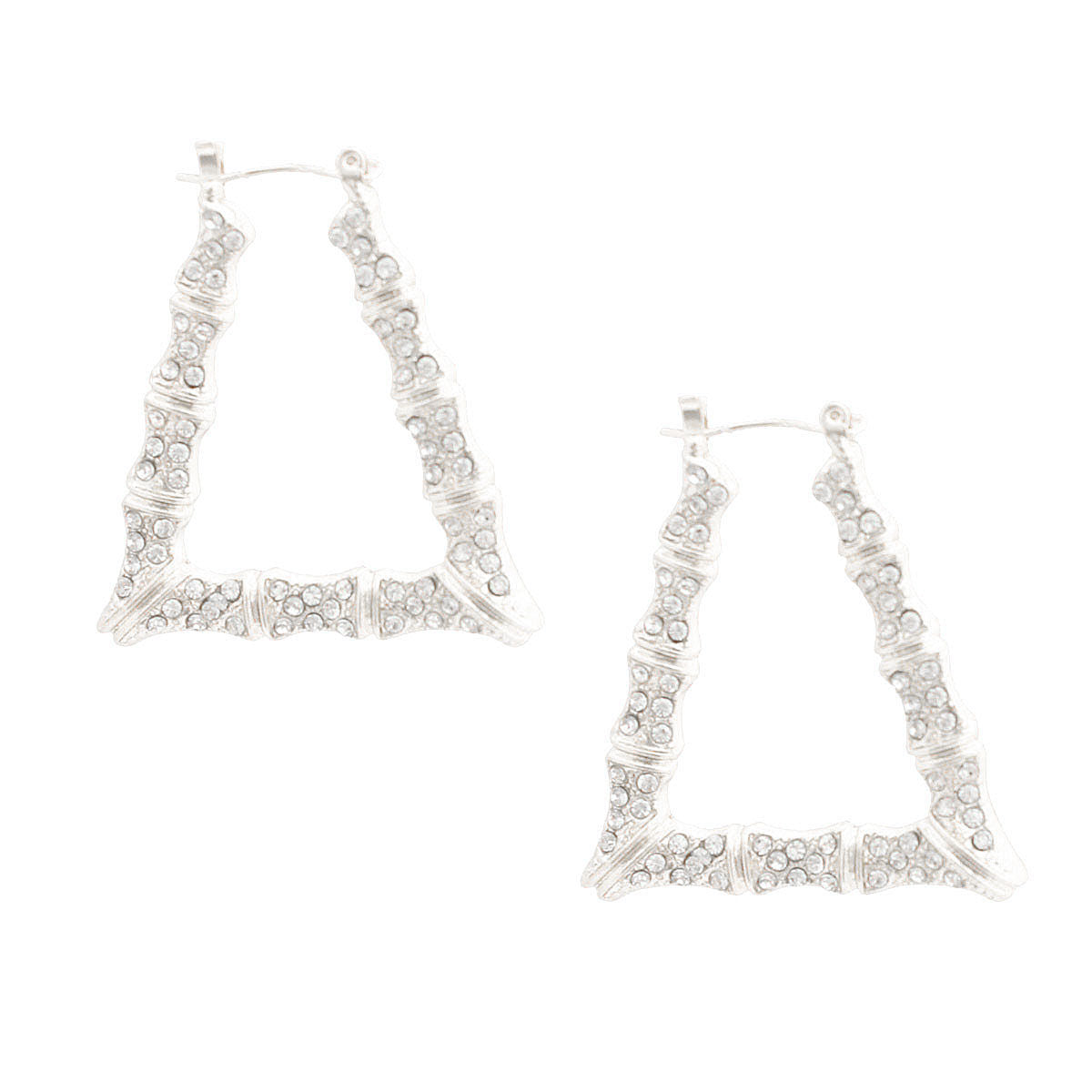 Trendy Silver Bamboo Hoops Earrings with Bling Trapezoid Design