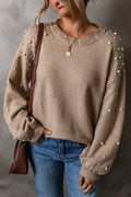 Smoke Gray Pearled Drop Shoulder Round Neck Sweater