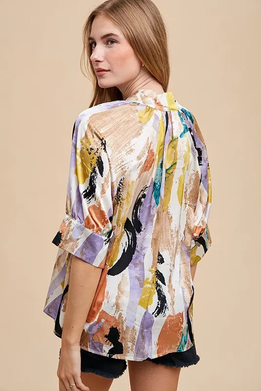 Multi Color Printed V-Neck Open Woven Blouse Top