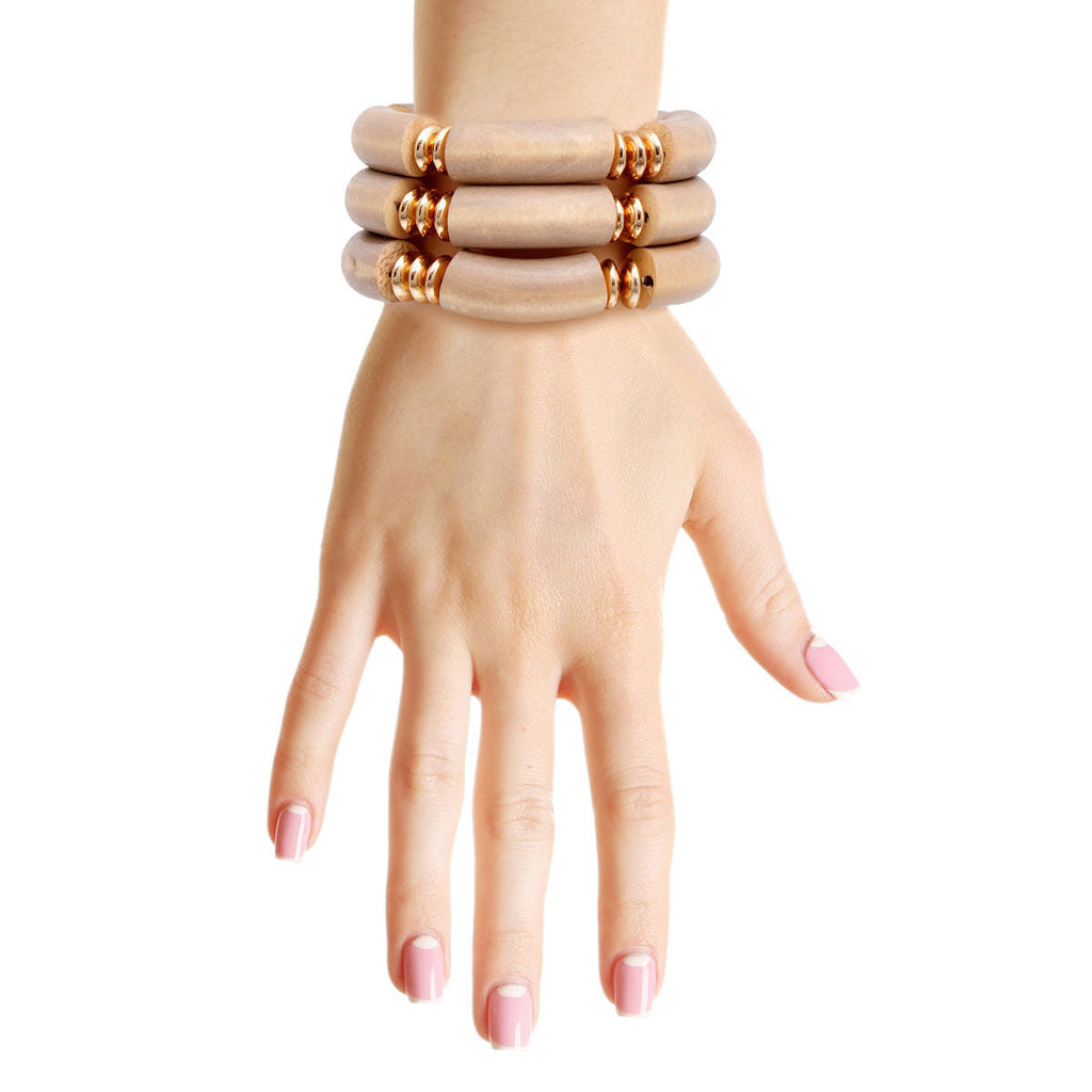 Wood Tube Stretch Bangle Set Brown Stylish Statement Jewelry