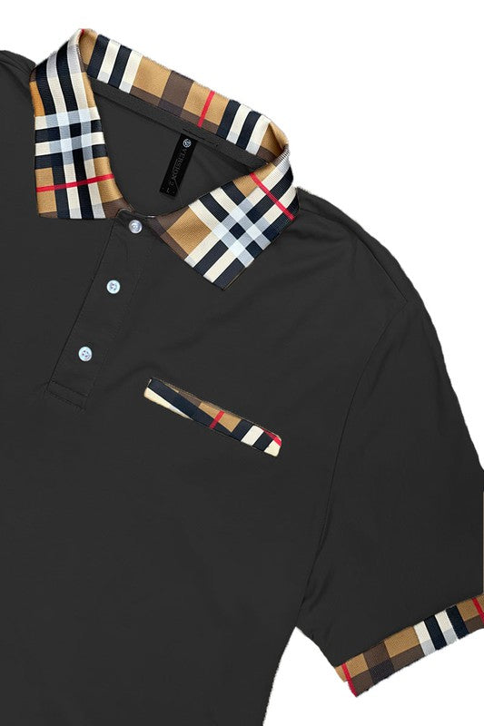 Men’s Checkered Plaid Polo Shirt with Print Collar & Cuff