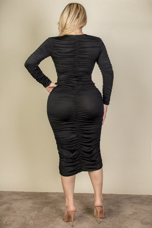 Ruched Long Sleeve Midi Dress