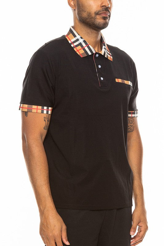 Men’s Checkered Plaid Polo Shirt with Print Collar & Cuff