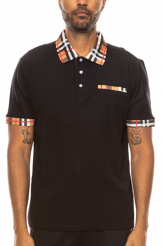 Men’s Checkered Plaid Polo Shirt with Print Collar & Cuff