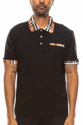 Men’s Checkered Plaid Polo Shirt with Print Collar & Cuff