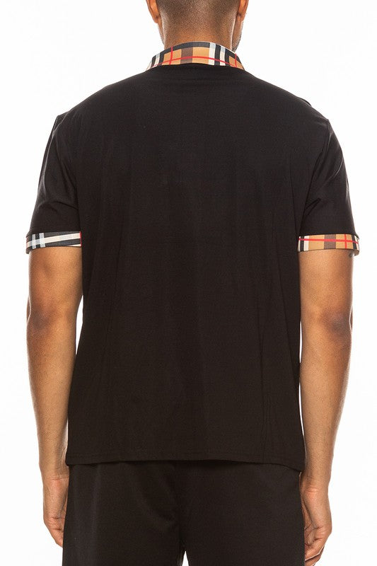 Men’s Checkered Plaid Polo Shirt with Print Collar & Cuff