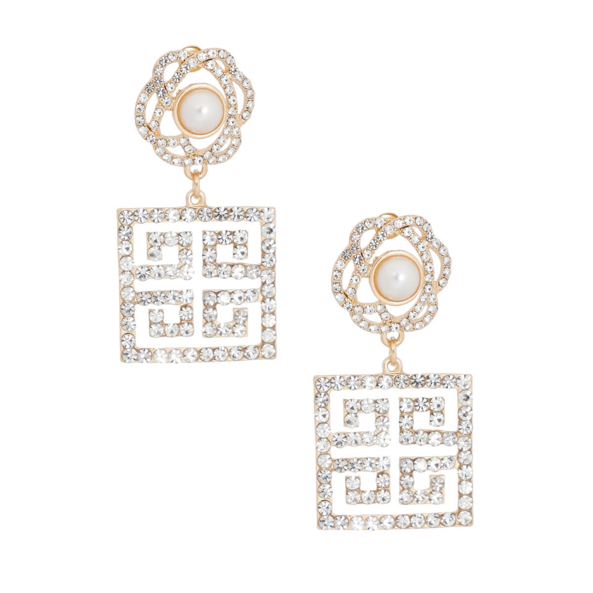 Square Gold Flower Earrings with Greek Key Design – Stylish Statement Jewelry