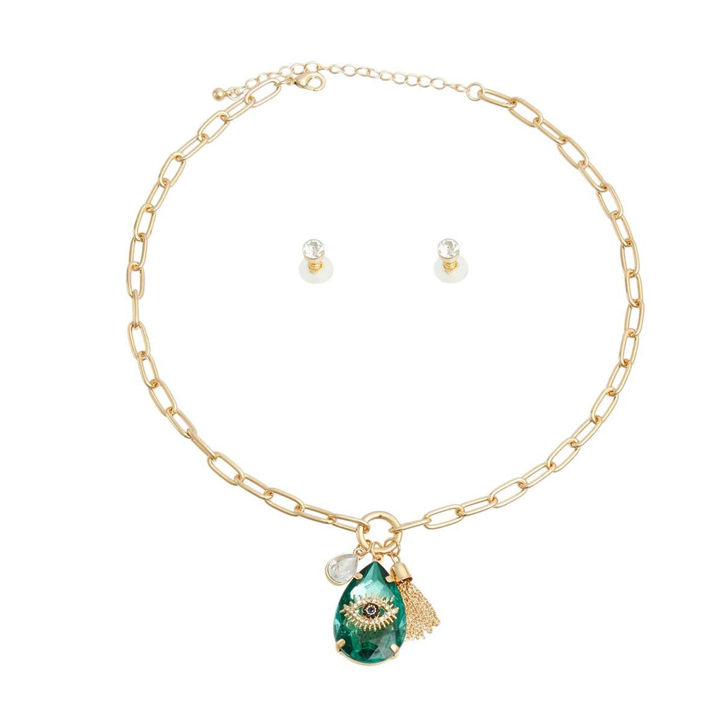 Statement Necklace Green Crystal Teardrop Evil Eye Stylish Jewelry Accessory