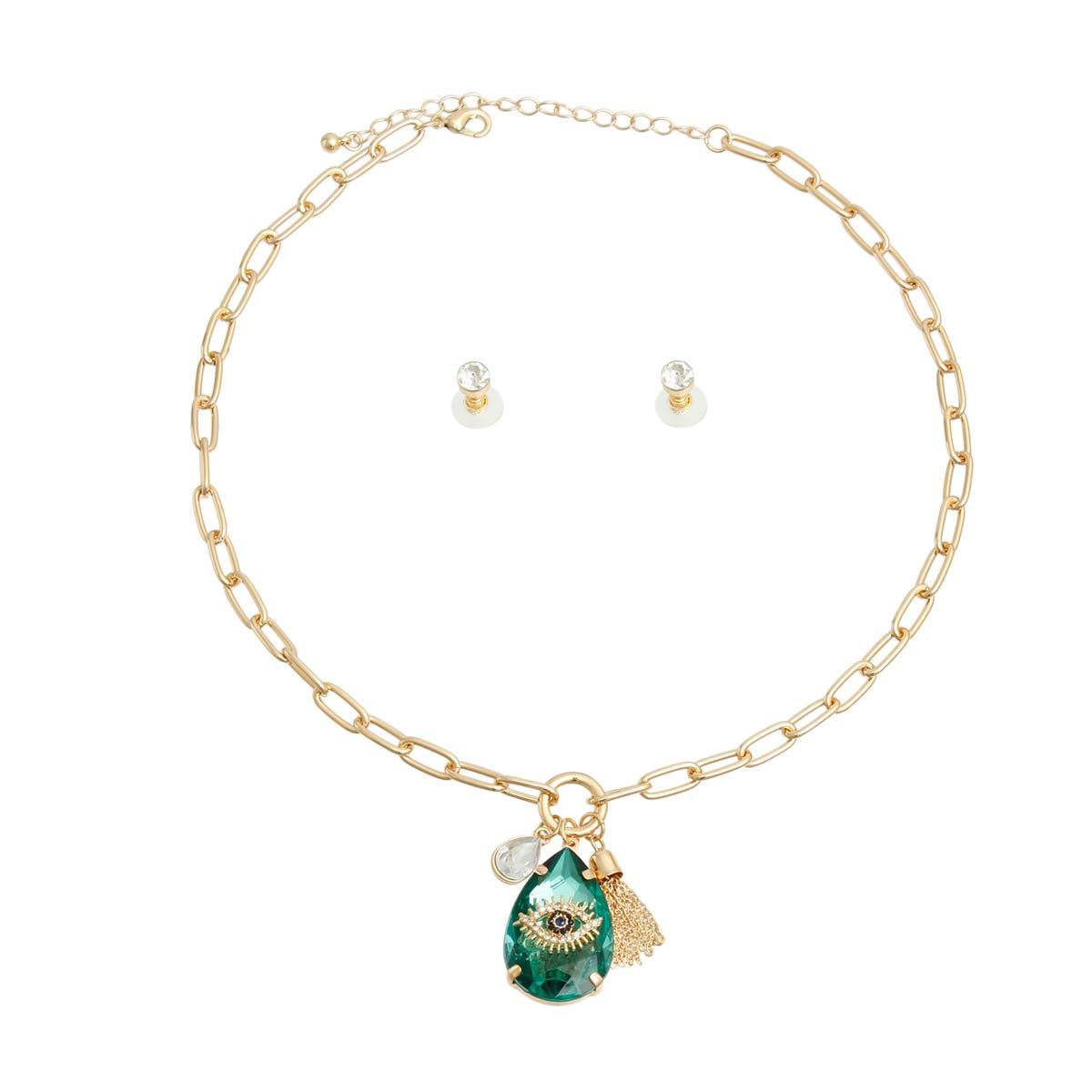 Statement Necklace Green Crystal Teardrop Evil Eye Stylish Jewelry Accessory