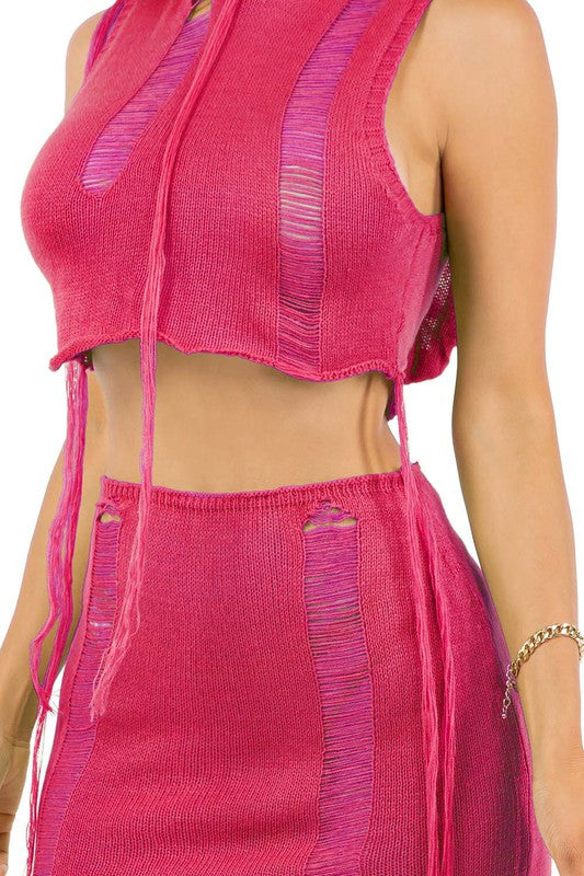 Fuchsia Rippled Crochet Skirt Set