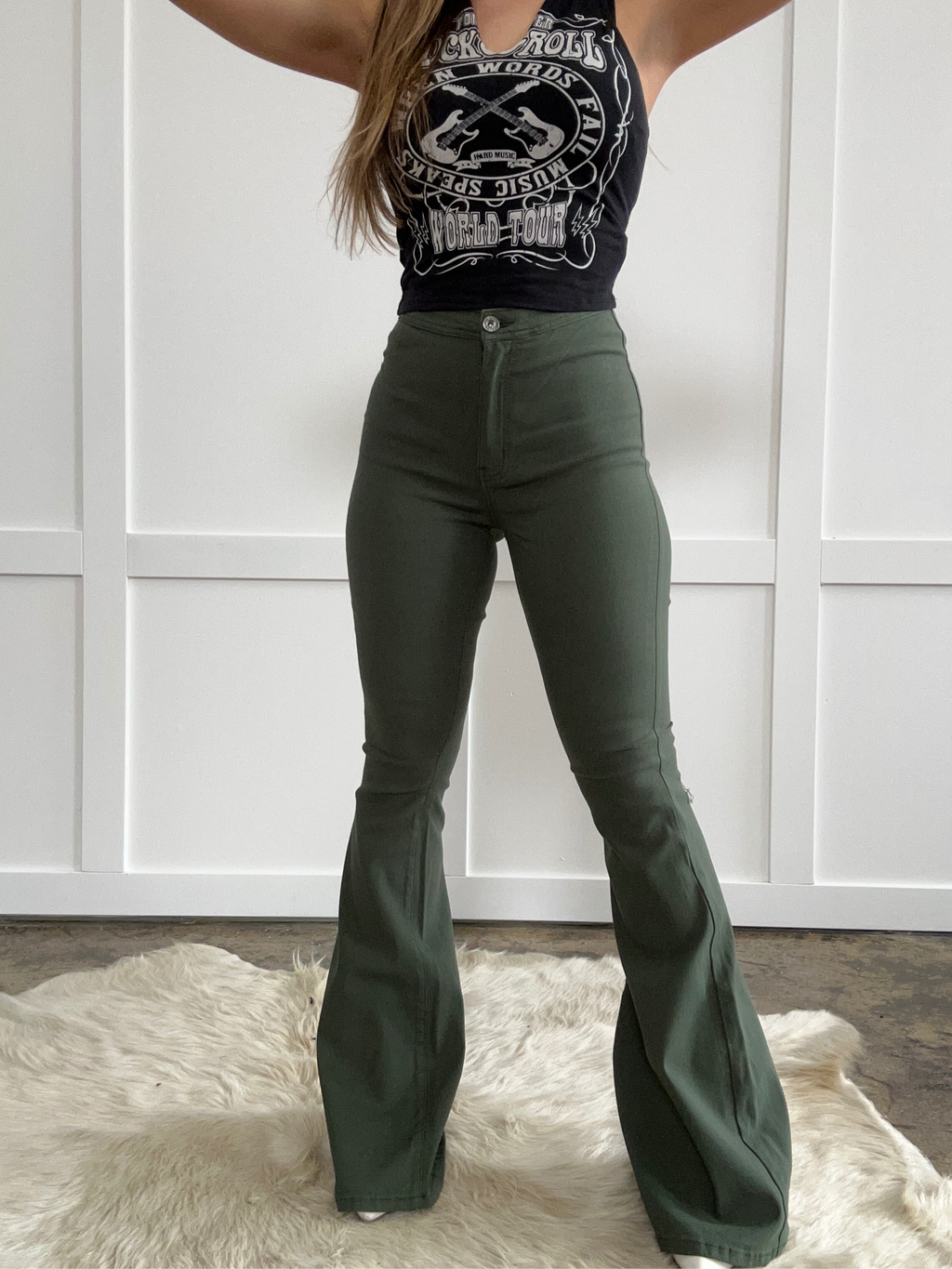 Fiona High Waisted Bell Bottom Flare Jeans - Olive