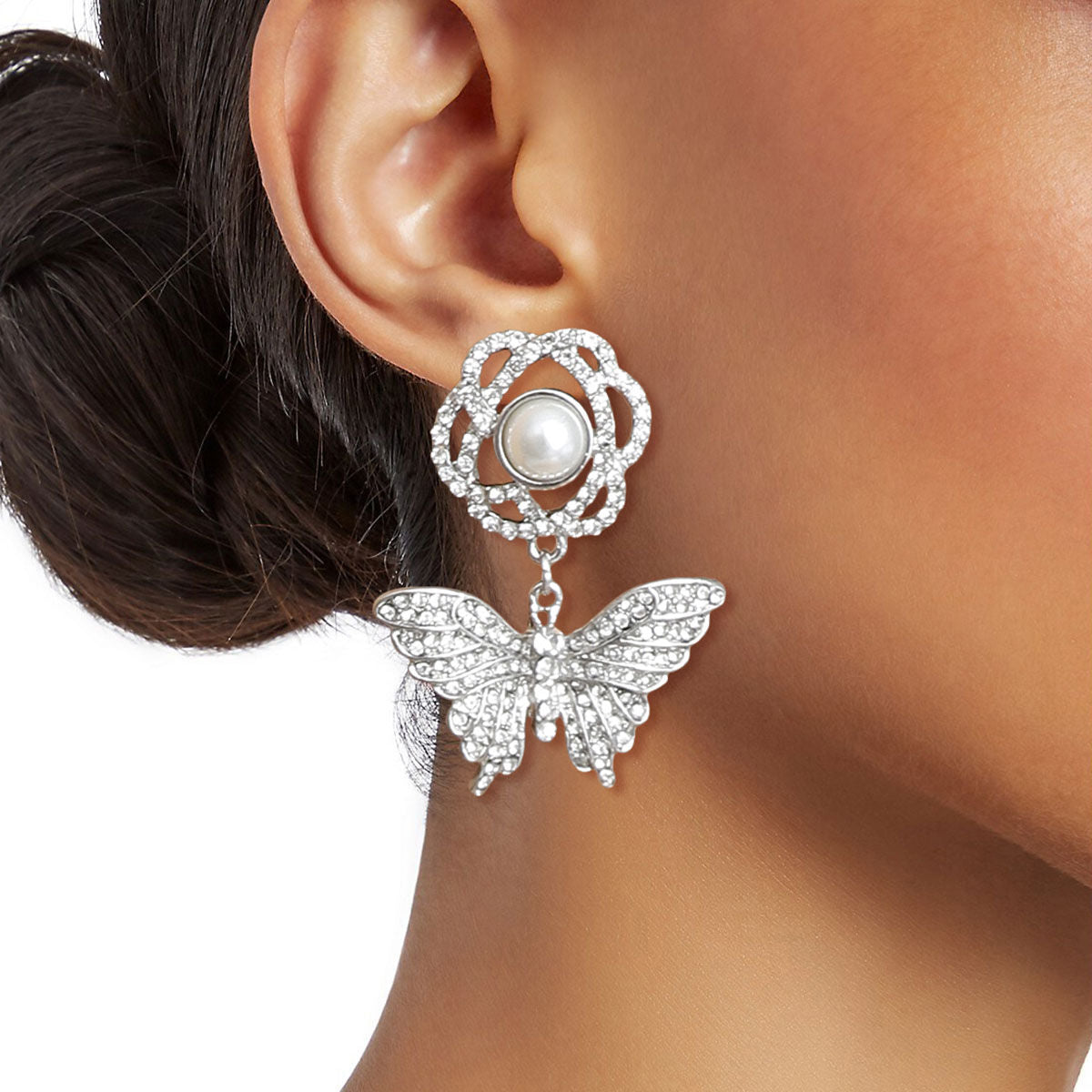 Butterfly Rhinestone Earrings Silver Stylish Statement Jewelry